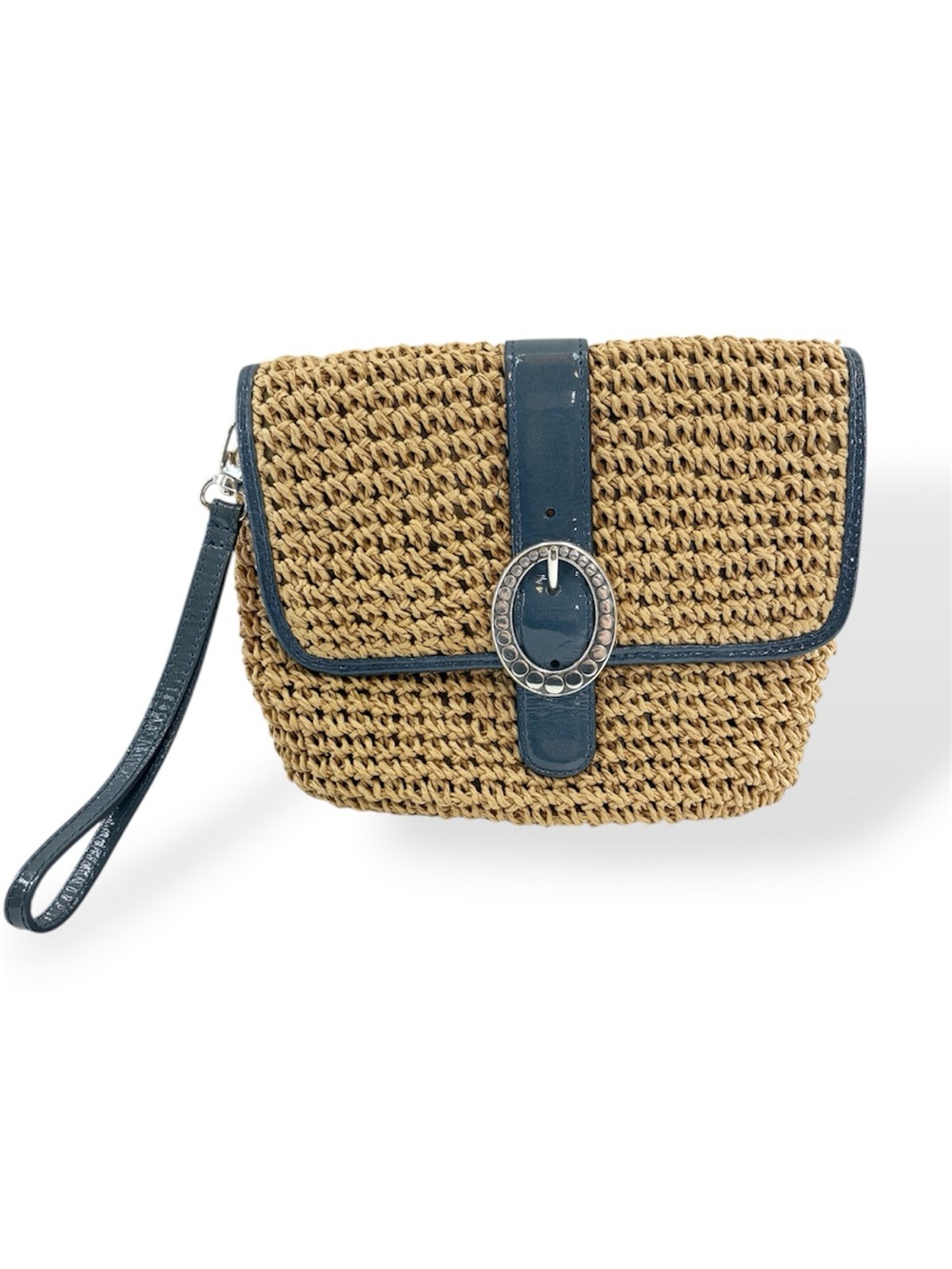 Brighton Woven Straw Wristlet Clutch with Blue Trim Silver Buckle
